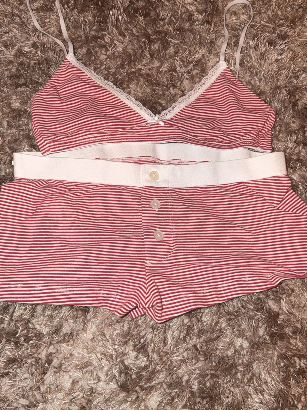 Brandy Melville Red & White Striped Lace-Trim Pajama Set